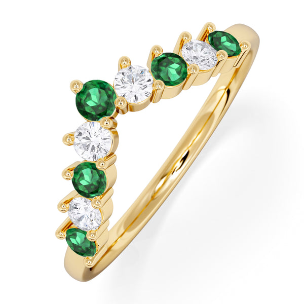 Emerald and Lab Diamond Wishbone Ring in 9K Yellow Gold